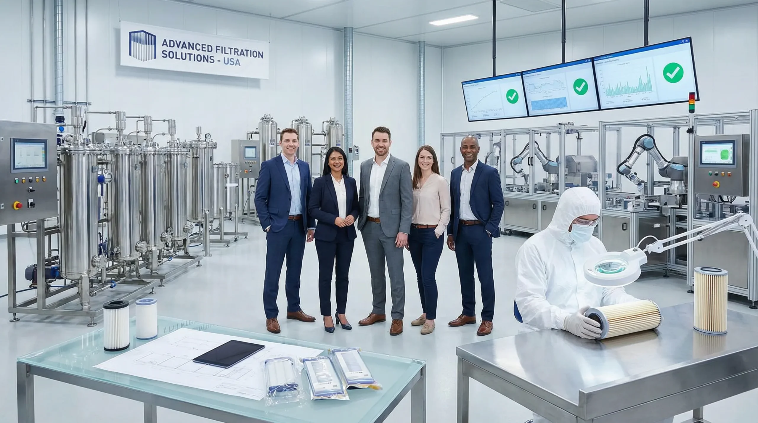 team of filtration professionals in a modern industrial facility with filter equipment