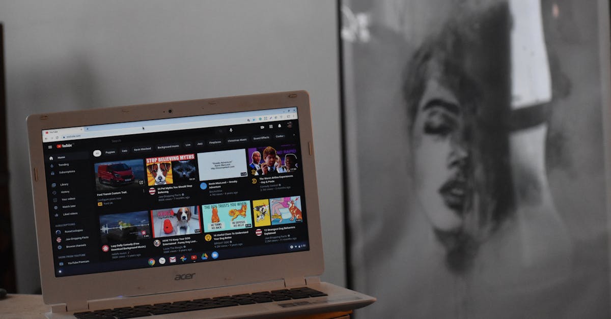 a cozy indoor setting with an acer laptop displaying youtube on a wooden table beside artwork